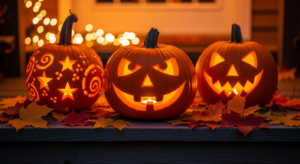 Kuerbis schnitzen Anleitung - Geschnitzte Halloween-Kuerbisse auf Veranda