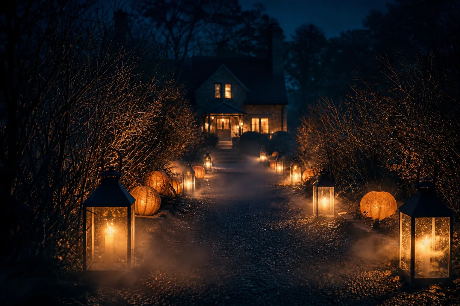 Gartenweg bei Nacht mit Laternen und leuchtenden Kürbissen