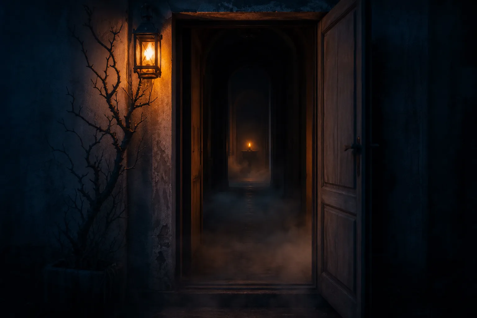 Dunkler Hausflur bei Nacht, von außen durch eine offene Tür gesehen, Nebel am Boden