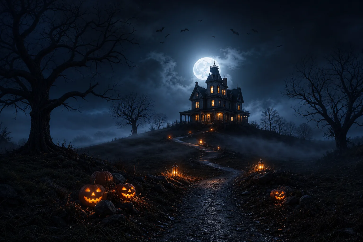 Ein einzelnes Haus auf einem Hügel bei Nacht, Vollmond dahinter, Nebel über dem Weg