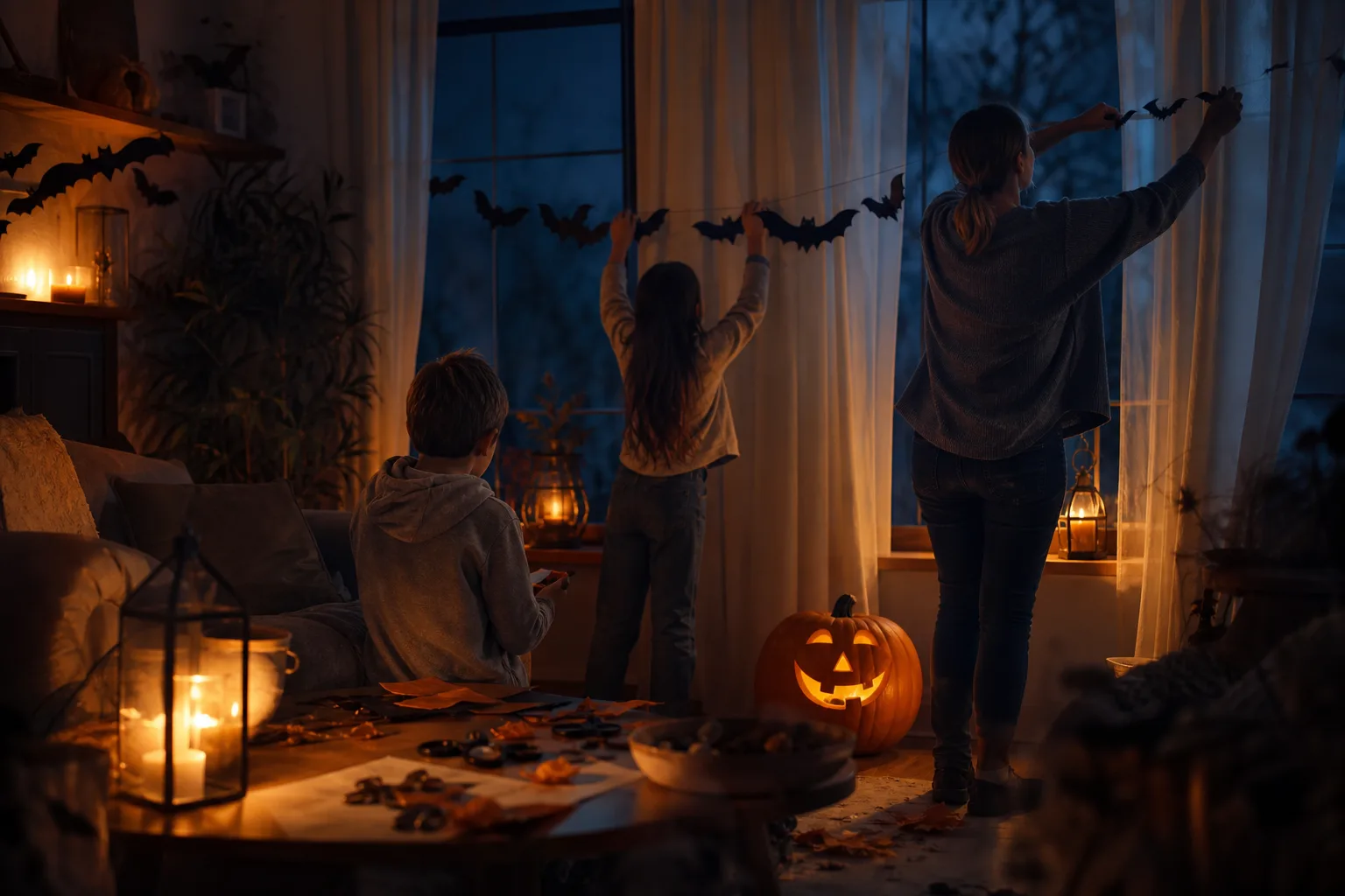 Erwachsener und zwei Kinder dekorieren abends ein Wohnzimmer mit Papierfledermäusen