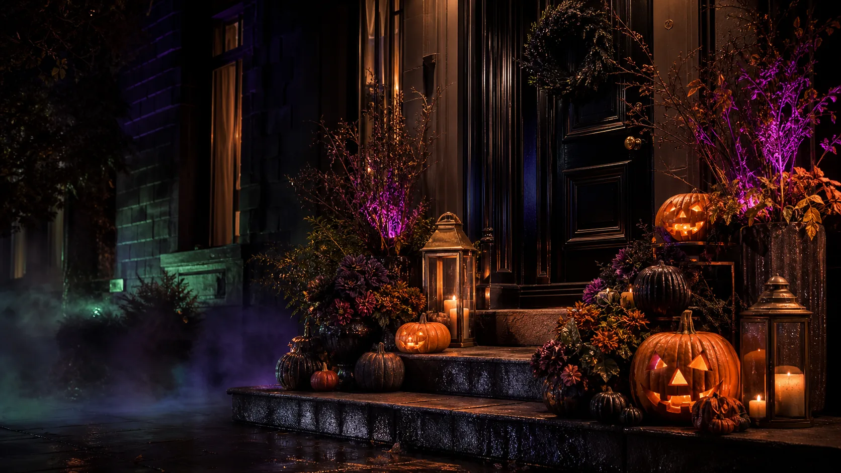 Eleganter Halloween-Eingang mit Kürbissen, Kerzen, Nebel und farbigem Licht